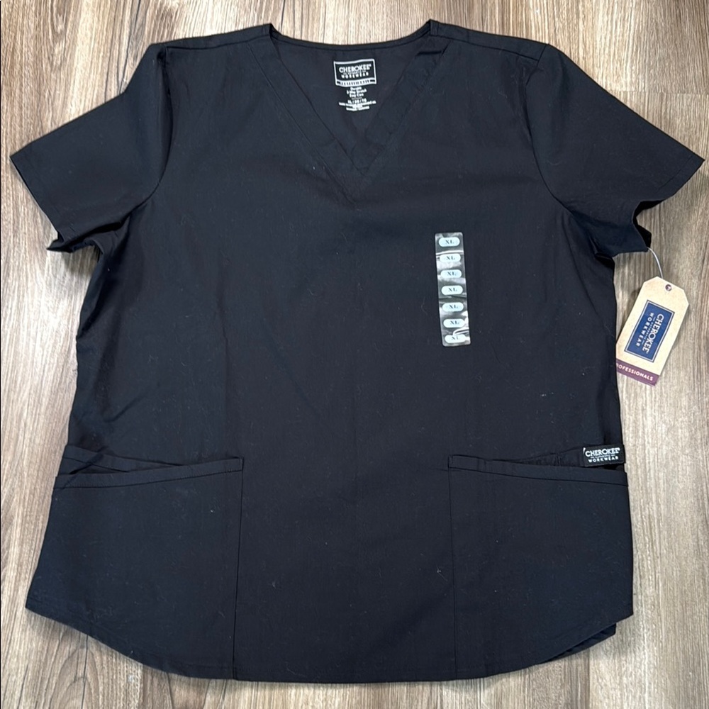 NWT Cherokee Womens Size XL‎ Modern Classic Scrub Top Black Polyester Cotton
